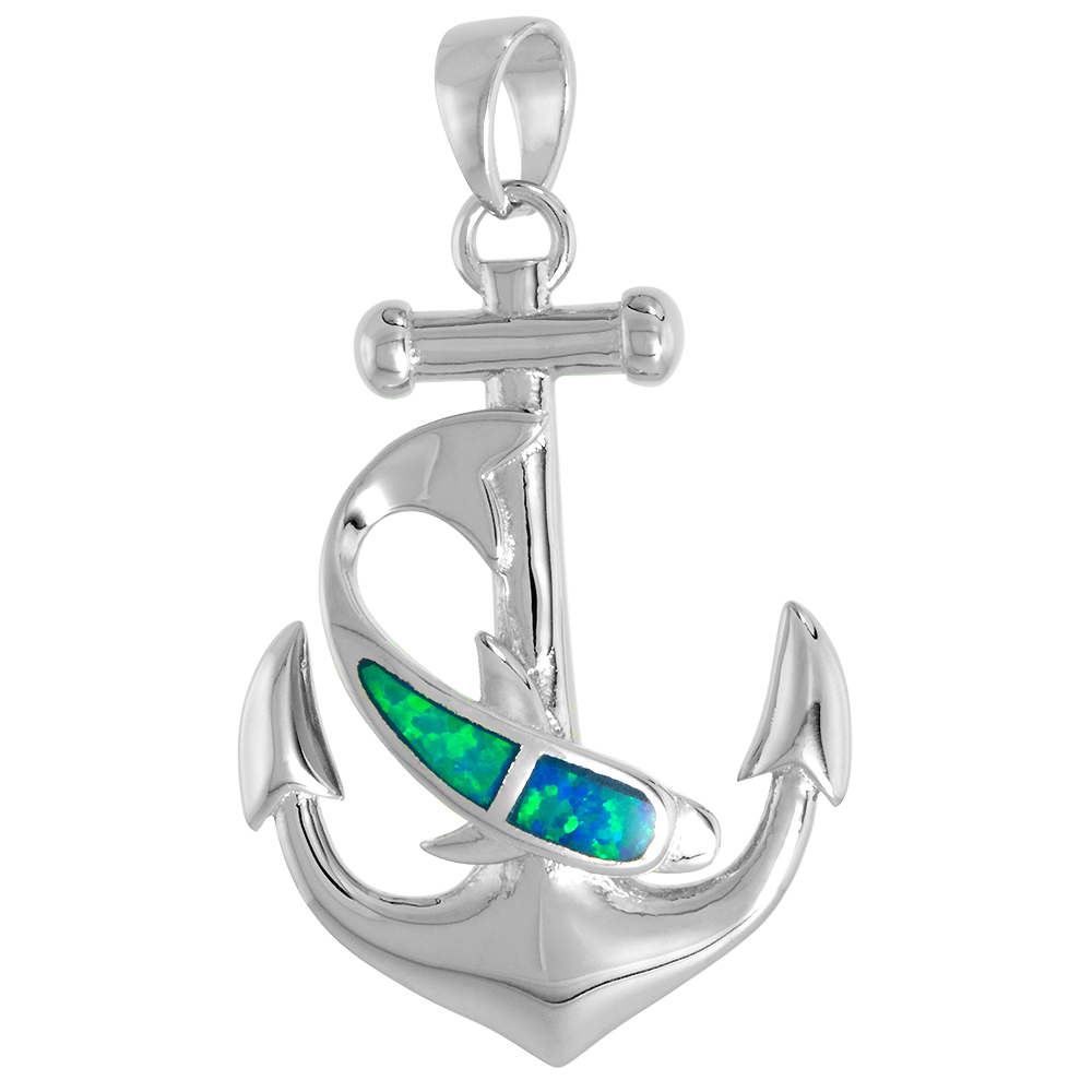 Sterling Silver Synthetic Opal Mariners Cross Anchor Pendant for Men &amp; Women 1 1/4 inch w/ NO Chain