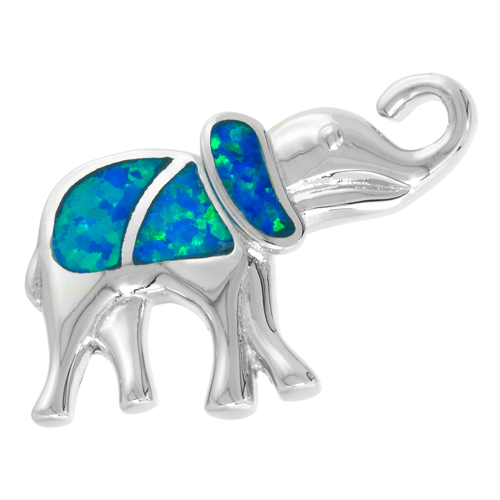 STERLING SILVER SYNTHETIC OPAL ELEPHANT PENDANT FOR WOMEN LUCKY TRUNK UP 11/16 INCH W/ NO CHAIN