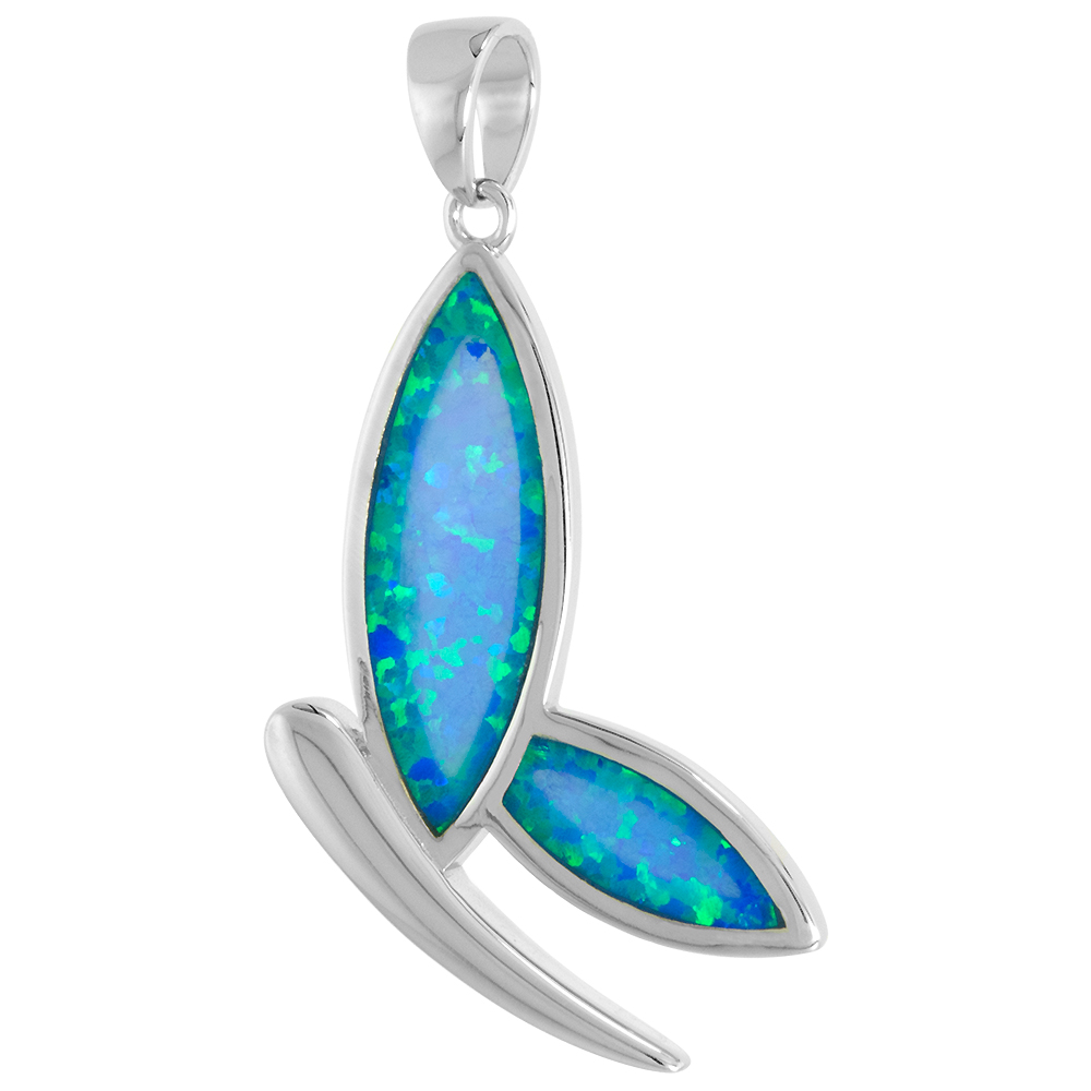 STERLING SILVER SYNTHETIC OPAL STYLIZED BUTTERFLY PENDANT WOMEN 21X5MM MARQUISE INLAY 1 1/4 INCH NO CHAIN