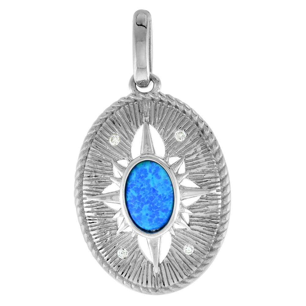 SMALL STERLING SILVER BLUE SYNTHETIC OPAL COMPASS PENDANT FOR WOMEN 7X5MM OVAL CABOCHON CZ ACCENT RHODIUM FINISH 3/4 INCH TALL