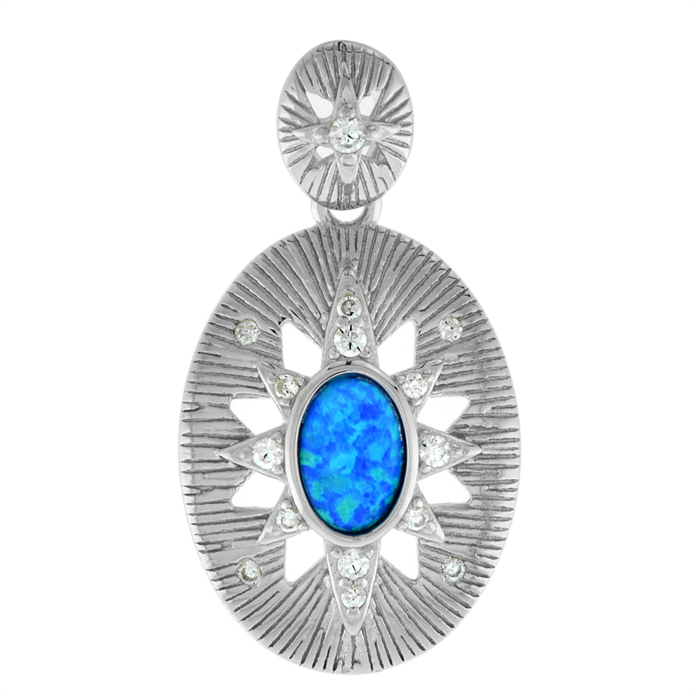 SMALL STERLING SILVER CZ BLUE SYNTHETIC OPAL SUN PENDANT FOR WOMEN STAR BALE 7X5MM OVAL CABOCHON RHODIUM FINISH 3/4 INCH TALL