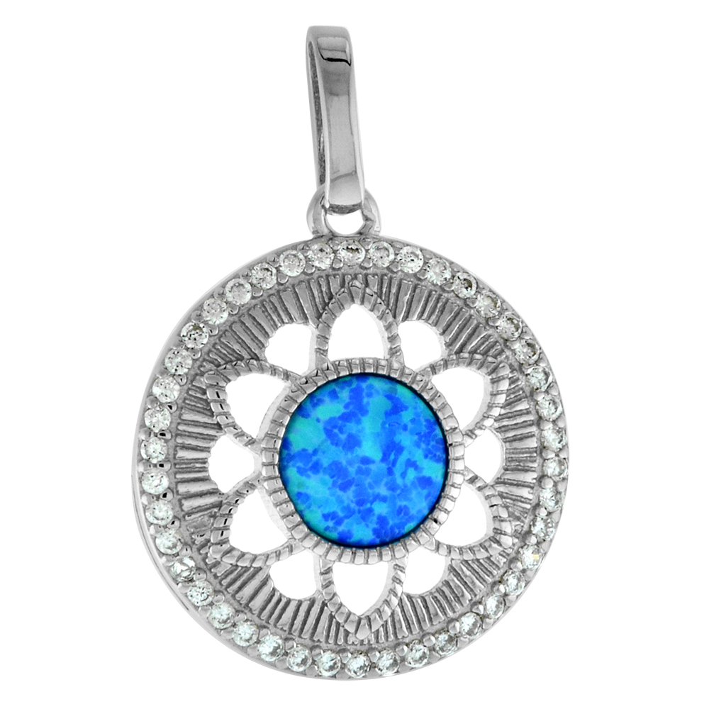 Small 5/8 inch Sterling Silver Blue Synthetic Opal Sun Pendant for Women CZ Halo 7mm Round Cabochon Rhodium Finish