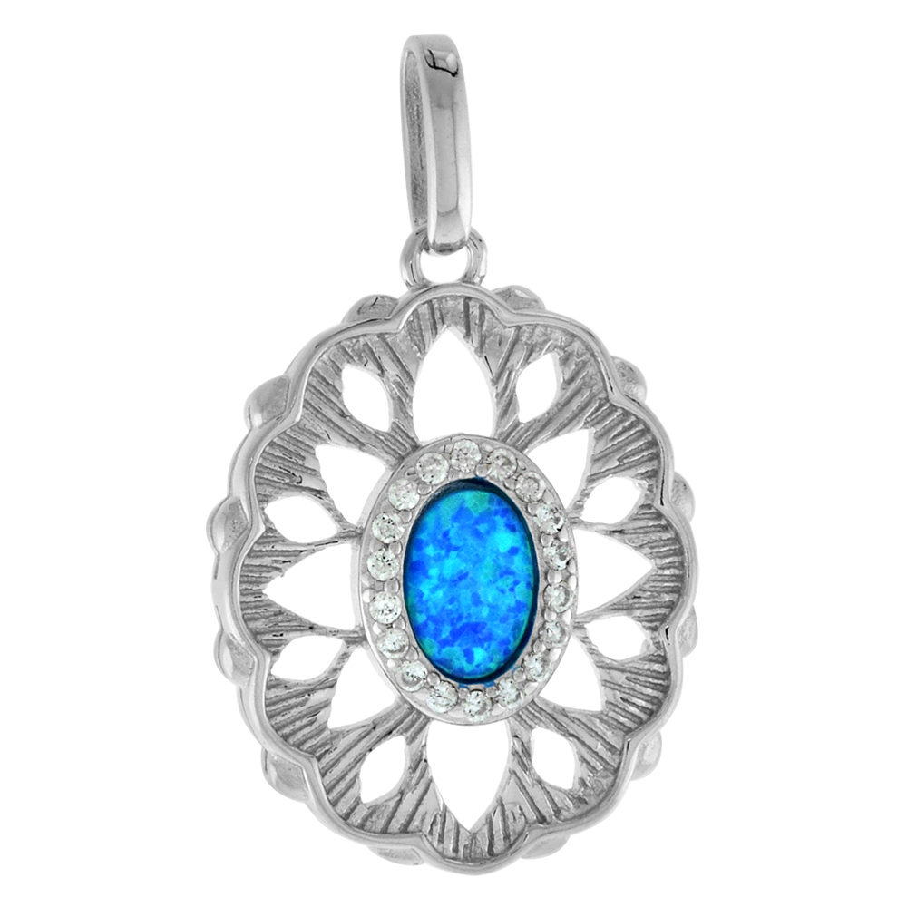 Small Sterling Silver Blue Synthetic Opal Scalloped Pendant for Women 7x5mm Oval Cabochon CZ Halo Rhodium Finish 3/4 inch tall