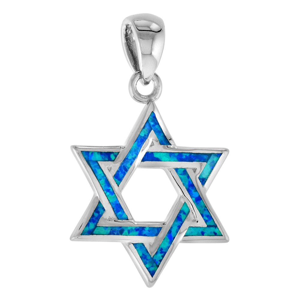 3/4 INCH STERLING SILVER BLUE SYNTHETIC OPAL JEWISH STAR OF DAVID OPAL PENDANT FOR WOMEN AND MEN RHODIUM FINISH