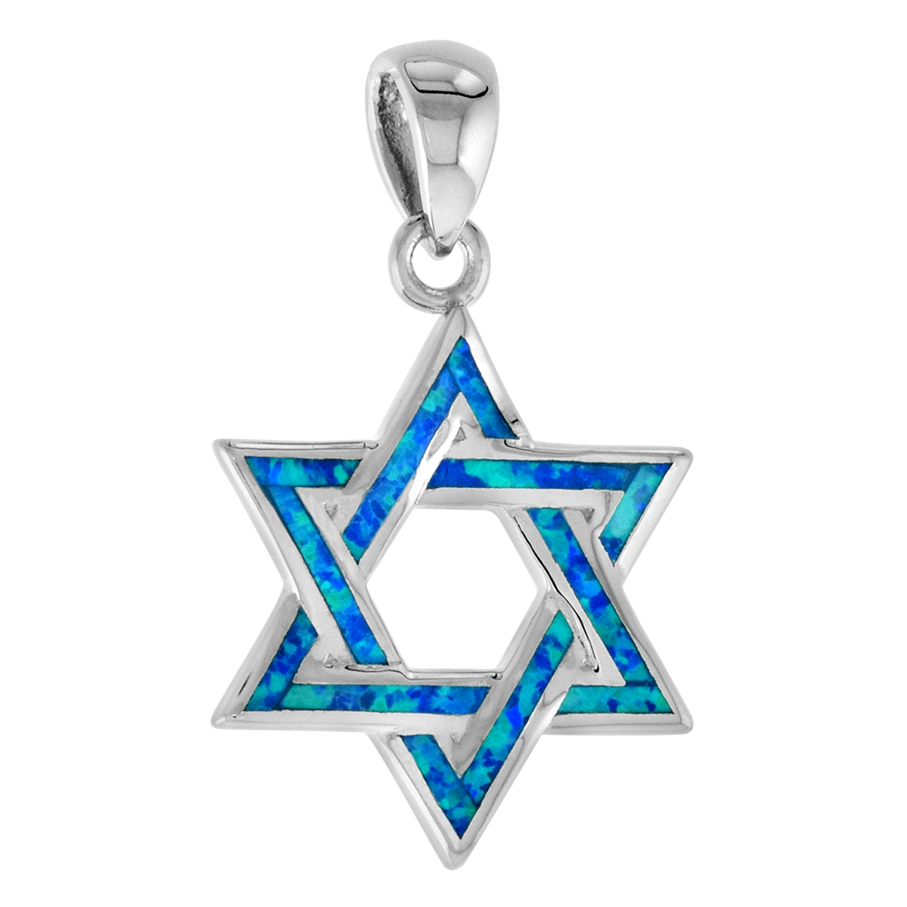 3/4 inch Sterling Silver Blue Synthetic Opal Jewish Star of David Opal Pendant for Women and Men Rhodium Finish