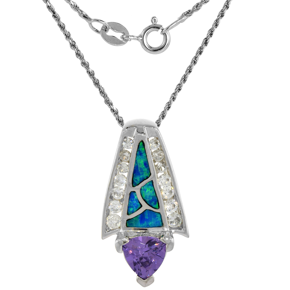 Sterling Silver Synthetic Opal Slide Necklace for Women 8mm Trillion Amethyst CZ Center 1 inch