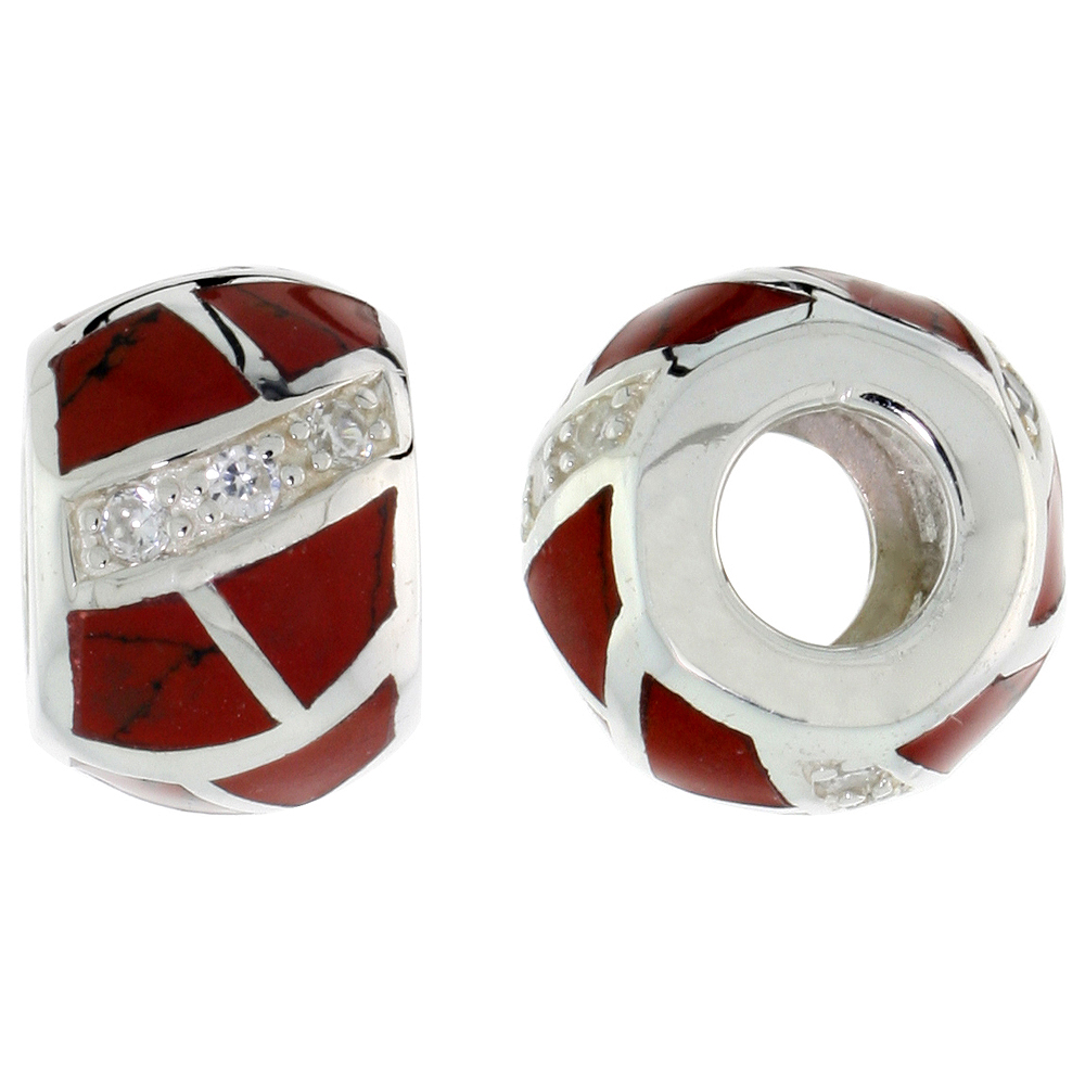 Sterling Silver Synthetic Coral Barrel Charm Bead CZ stones Fits Pandora and all Charm Bracelets, 3/8 inch