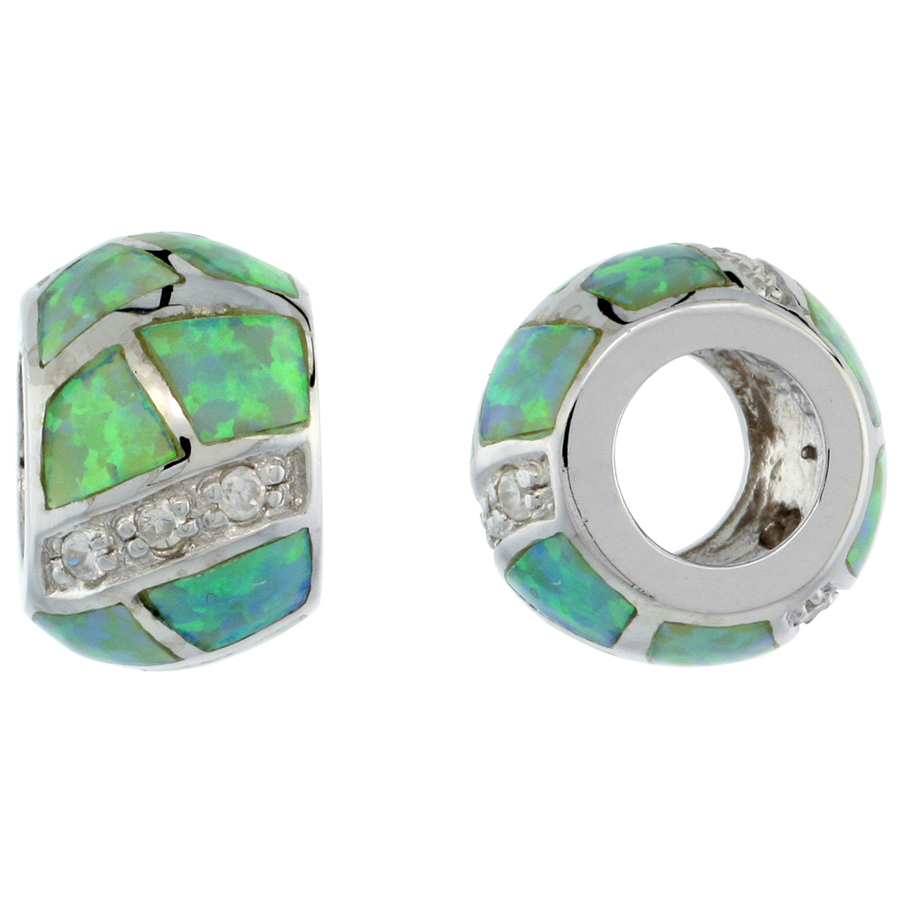 STERLING SILVER SYNTHETIC GREEN OPAL BEAD CHARM CZ STONES FITS ALL CHARM BRACELETS 3/8 INCH