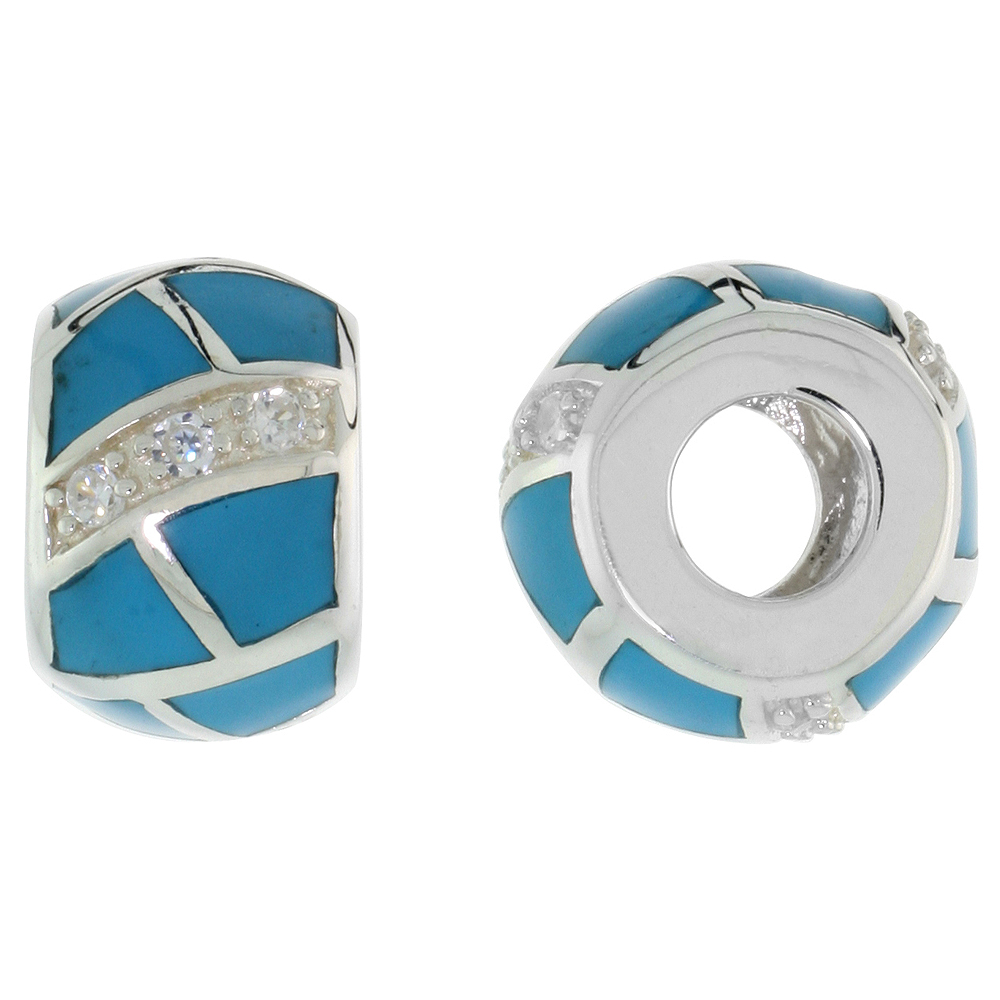 Sterling Silver Reconstituted Turquoise Barrel Charm Bead CZ stones Fits Pandora and all Charm Bracelets, 3/8 inch
