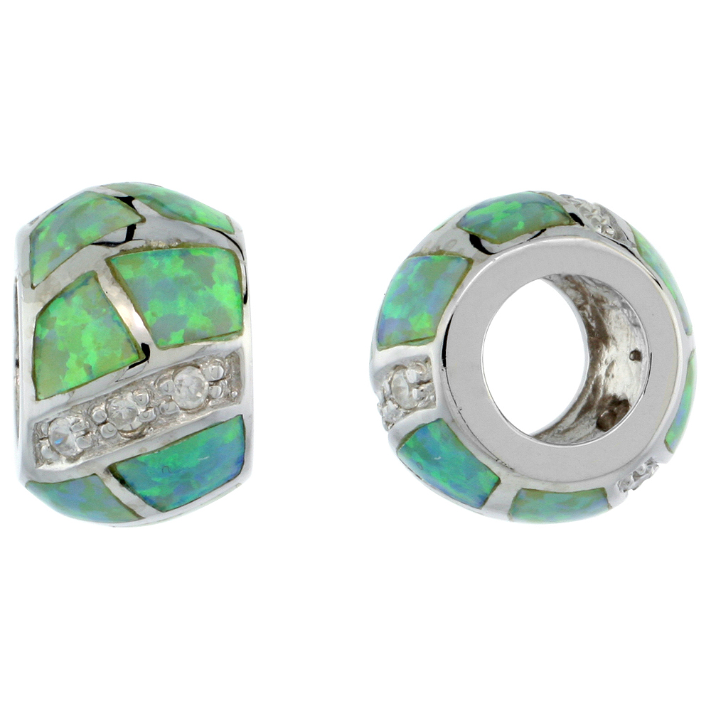 Sterling Silver Synthetic Green Opal Bead Charm CZ stones Fits Pandora and all Charm Bracelets, 3/8 inch