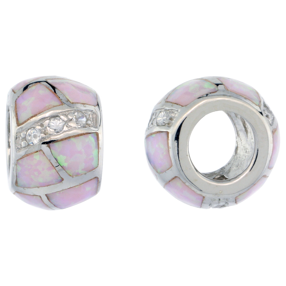 Sterling Silver Synthetic Light Pink Opal Bead Charm CZ stones Fits Pandora and all Charm Bracelets, 3/8 inch