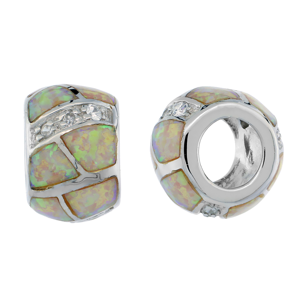 Sterling Silver Synthetic Yellow Opal Bead Charm CZ stones Fits Pandora and all Charm Bracelets, 3/8 inch