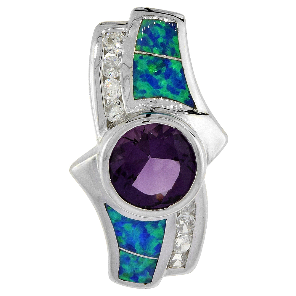STERLING SILVER SYNTHETIC OPAL PENDANT FOR WOMEN HAND INLAY AMETHYST CZ 8 MM ROUND 1 INCH LONG