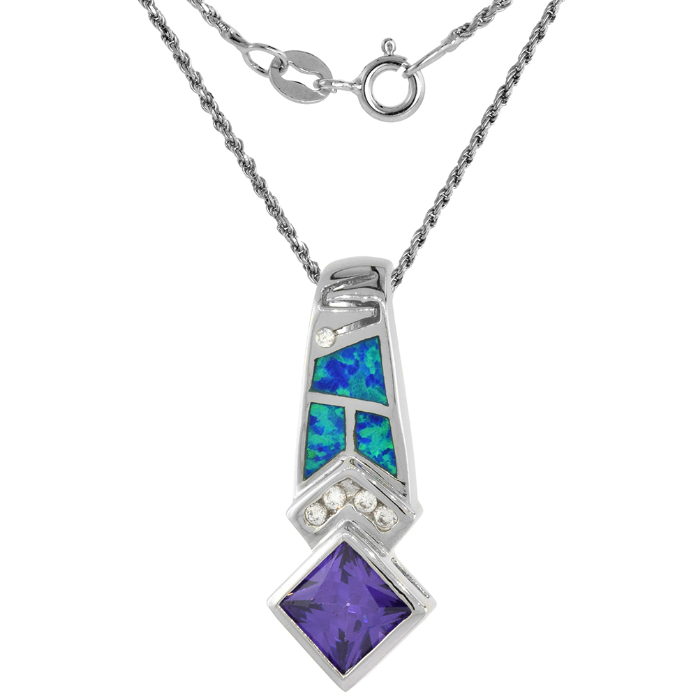Sterling Silver Synthetic Opal Necklace for Women Amethyst CZ 9 mm Square 1 3/8 inch