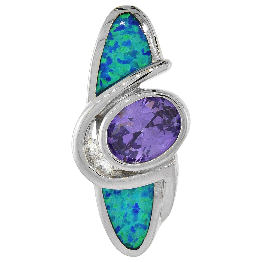 STERLING SILVER SYNTHETIC OPAL PENDANT FOR WOMEN HAND INLAY AMETHYST CZ 8X6 MM OVAL 1 INCH LONG