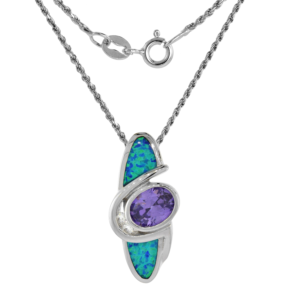 Sterling Silver Synthetic Opal Necklace for Women Amethyst CZ 8x6 mm Oval 1 inch