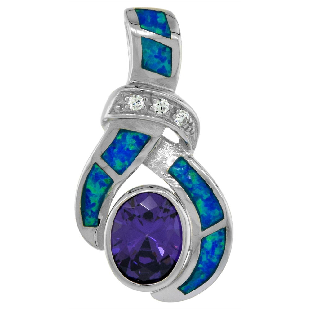 Sterling Silver Synthetic Opal Pendant for Women Hand Inlay Amethyst CZ 7x9 mm Oval 1 1/8 inch long