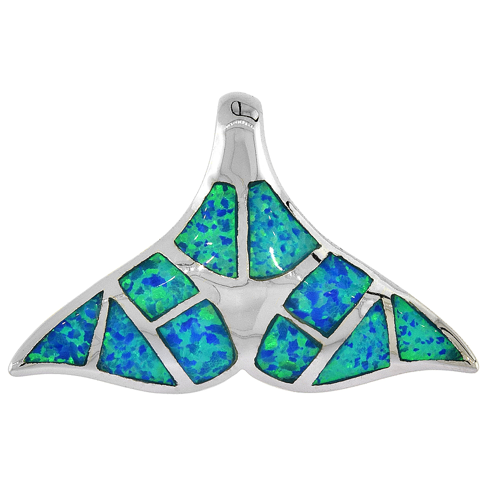 Sterling Silver Synthetic Opal Whale Tail Pendant for Women Hand Inlay 1 1/16 inch wide