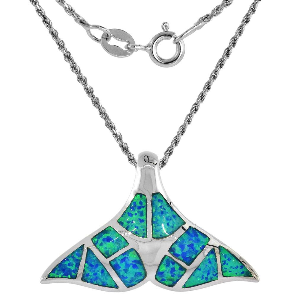 Sterling Silver Synthetic Opal Whale Tail Necklace for Women Hand Inlay 1 1/16 inch wide