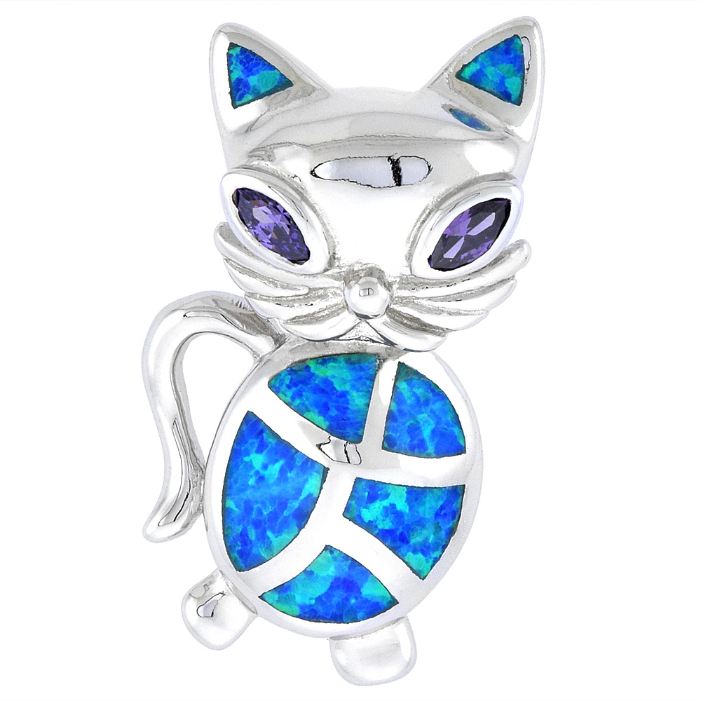 STERLING SILVER SYNTHETIC OPAL CAT PENDANT FOR WOMEN CZ ACCENT HAND INLAY 1 INCH LONG