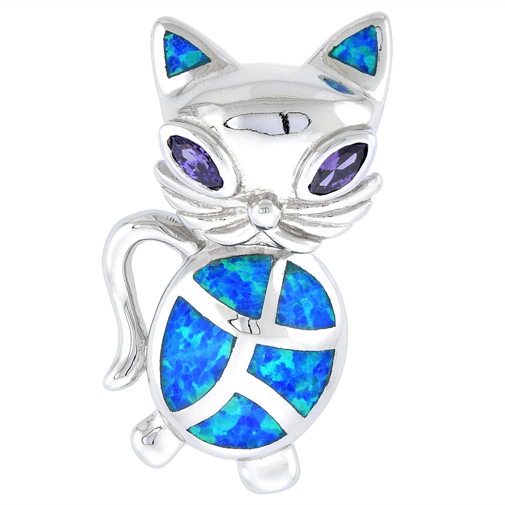 Sterling Silver Synthetic Opal Cat Pendant for Women CZ Accent Hand Inlay 1 inch long