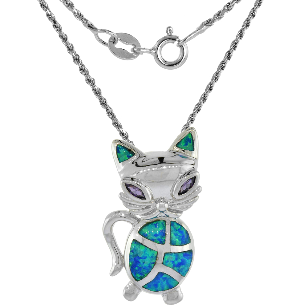 Sterling Silver Synthetic Opal Cat Necklace for Women CZ Accent Hand Inlay 1 inch long