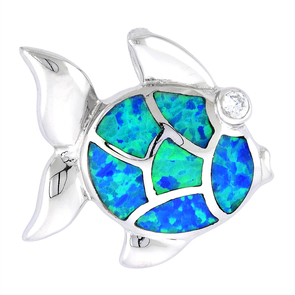 Sterling Silver Synthetic Opal Fish Pendant for Women CZ Accent Hand Inlay 7/8 inch wide