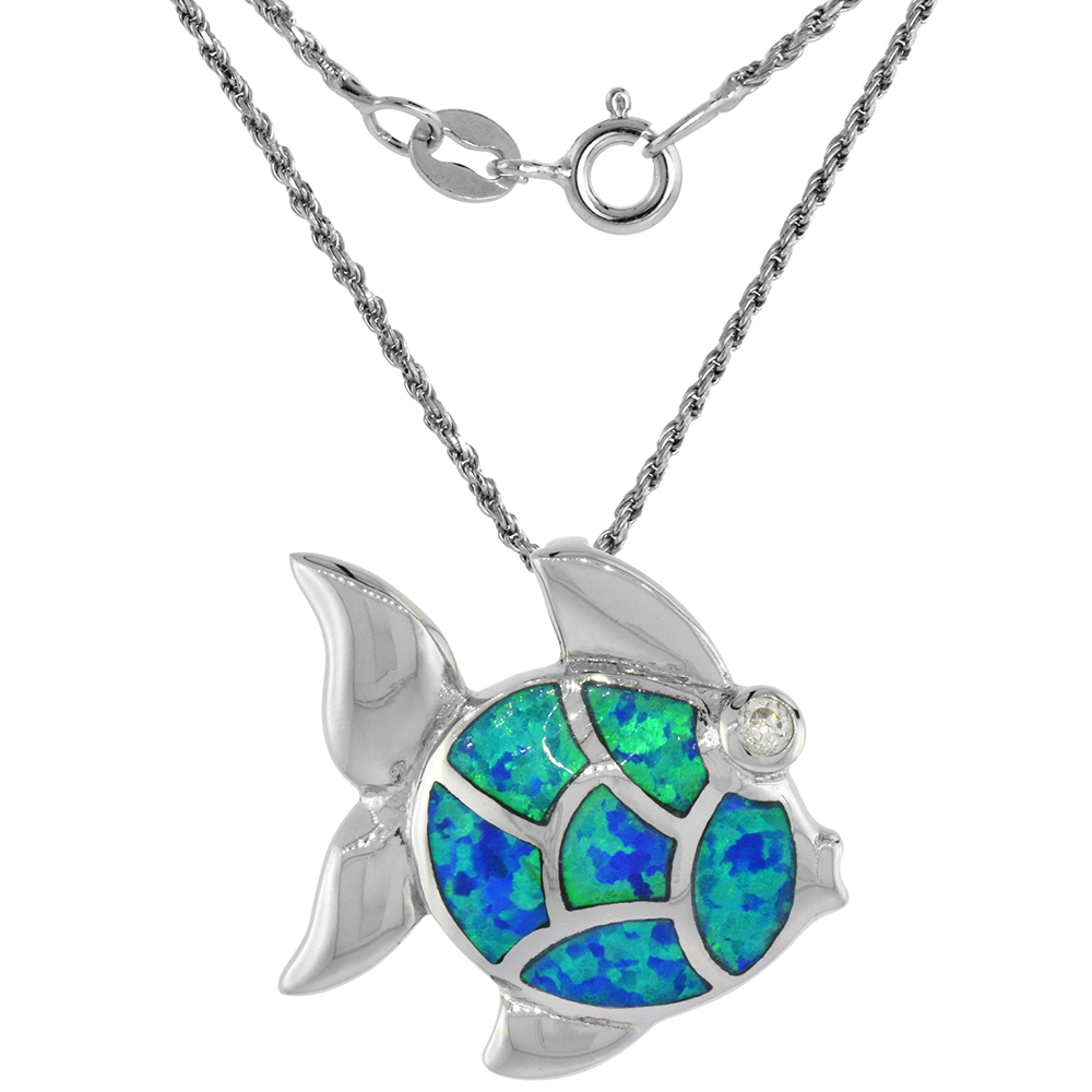 Sterling Silver Synthetic Opal Fish Necklace for Women CZ Accent Hand Inlay 7/8 inch wide