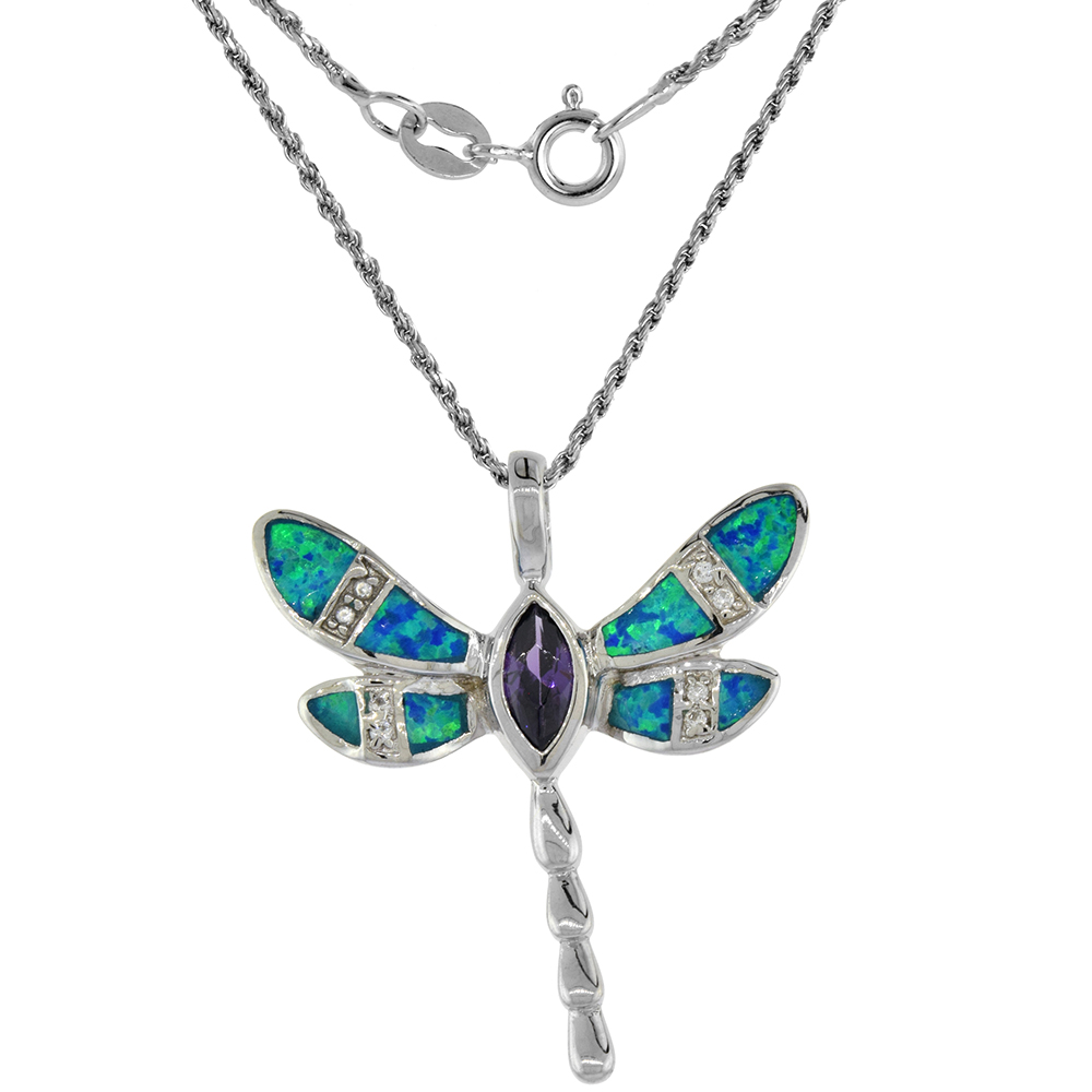 Sterling Silver Synthetic Opal Dragonfly Necklace Amethyst CZ 5x9 mm Marquise cut 1 5/16 inch Rope Chain
