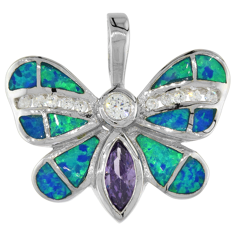 Sterling Silver Synthetic Opal Butterfly Pendant for Women Hand Inlay Amethyst CZ 1 inch wide