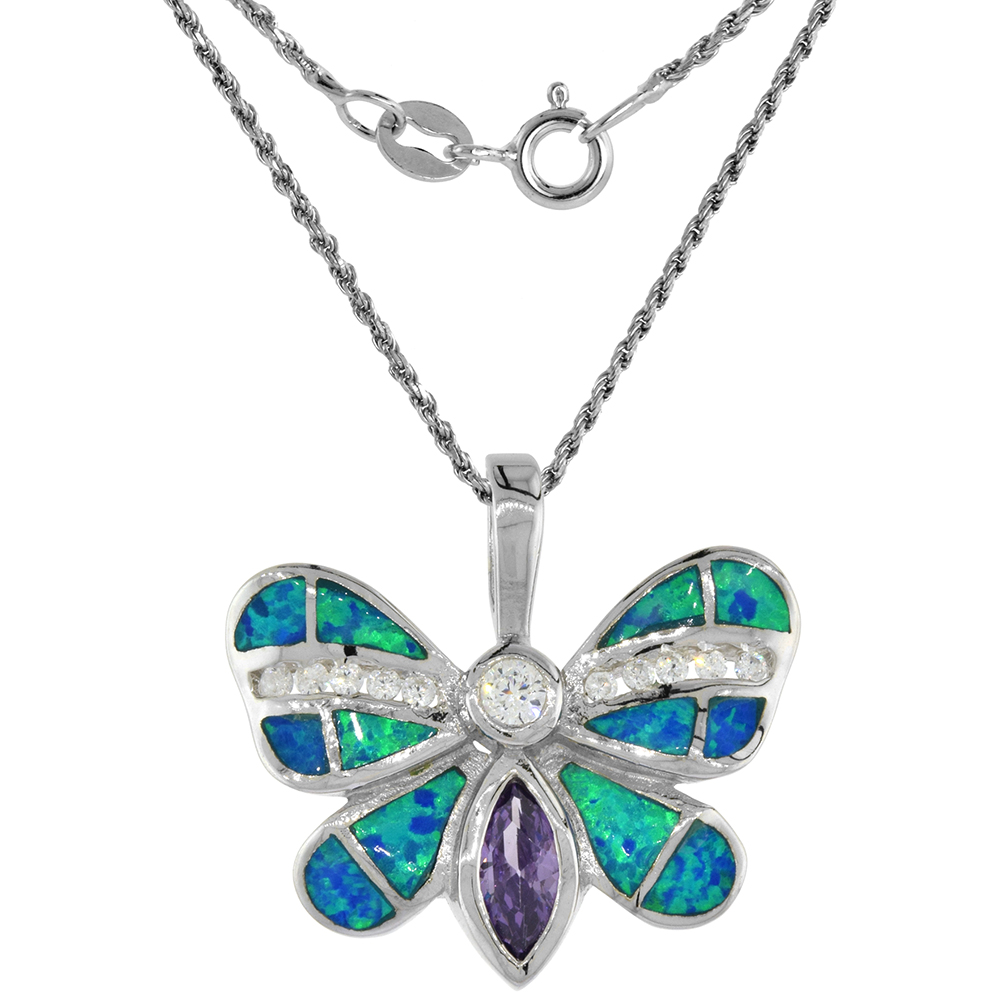 Sterling Silver Synthetic Opal Butterfly Necklace for Women Hand Inlay Amethyst CZ 1 inch