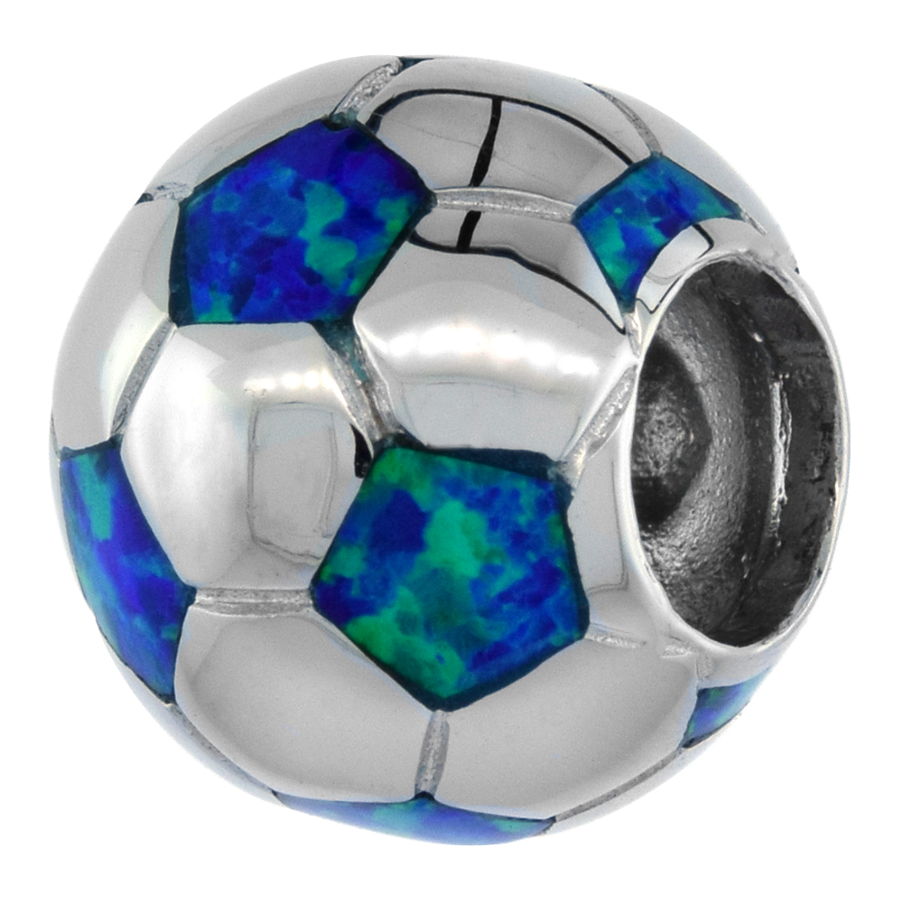 STERLING SILVER BLUE SYNTHETIC OPAL SOCCER BALL BEAD CHARM 7MM HOLE 1/2 INCH