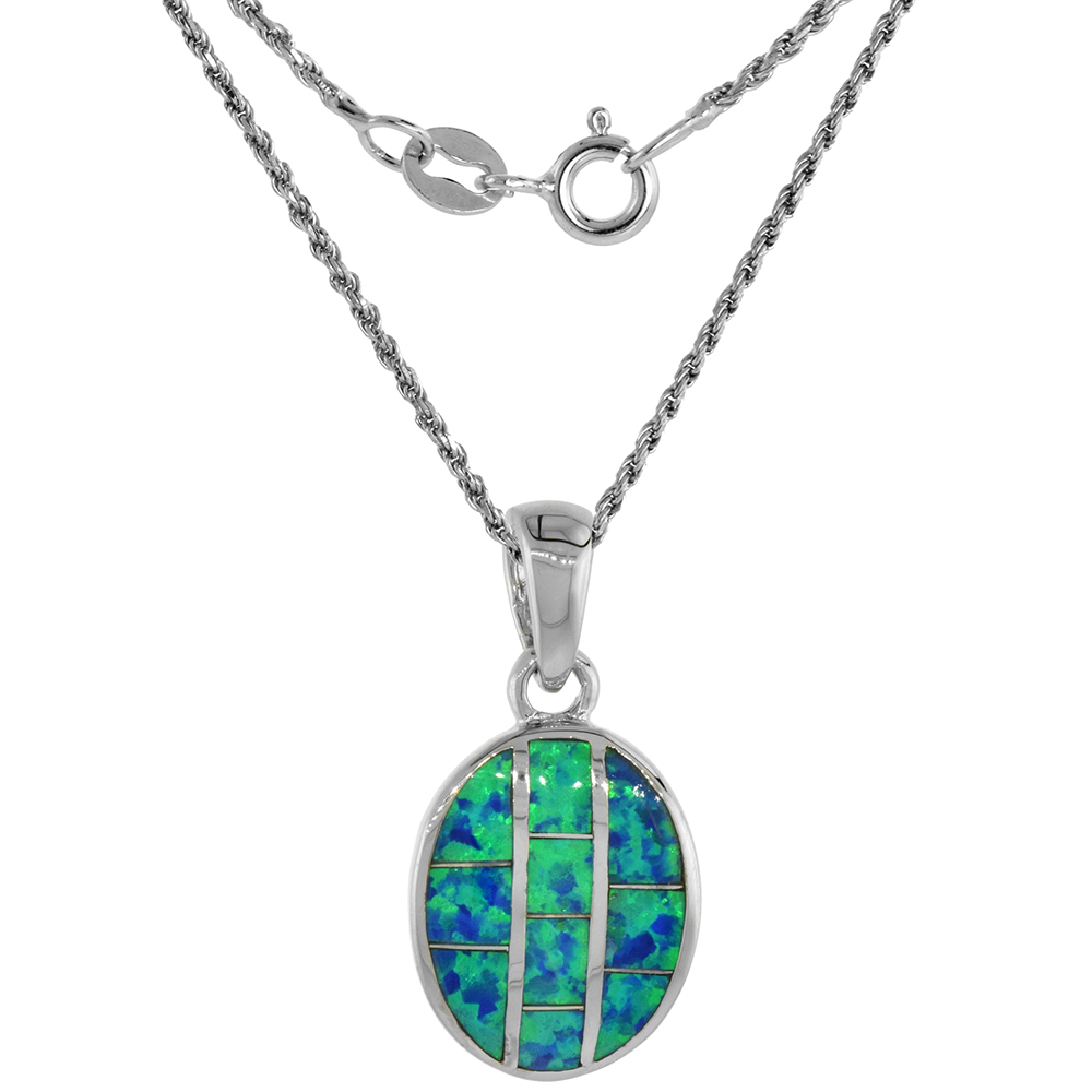 Sterling Silver Synthetic Opal Oval Necklace for Women Hand Inlay 9/16 inch tall