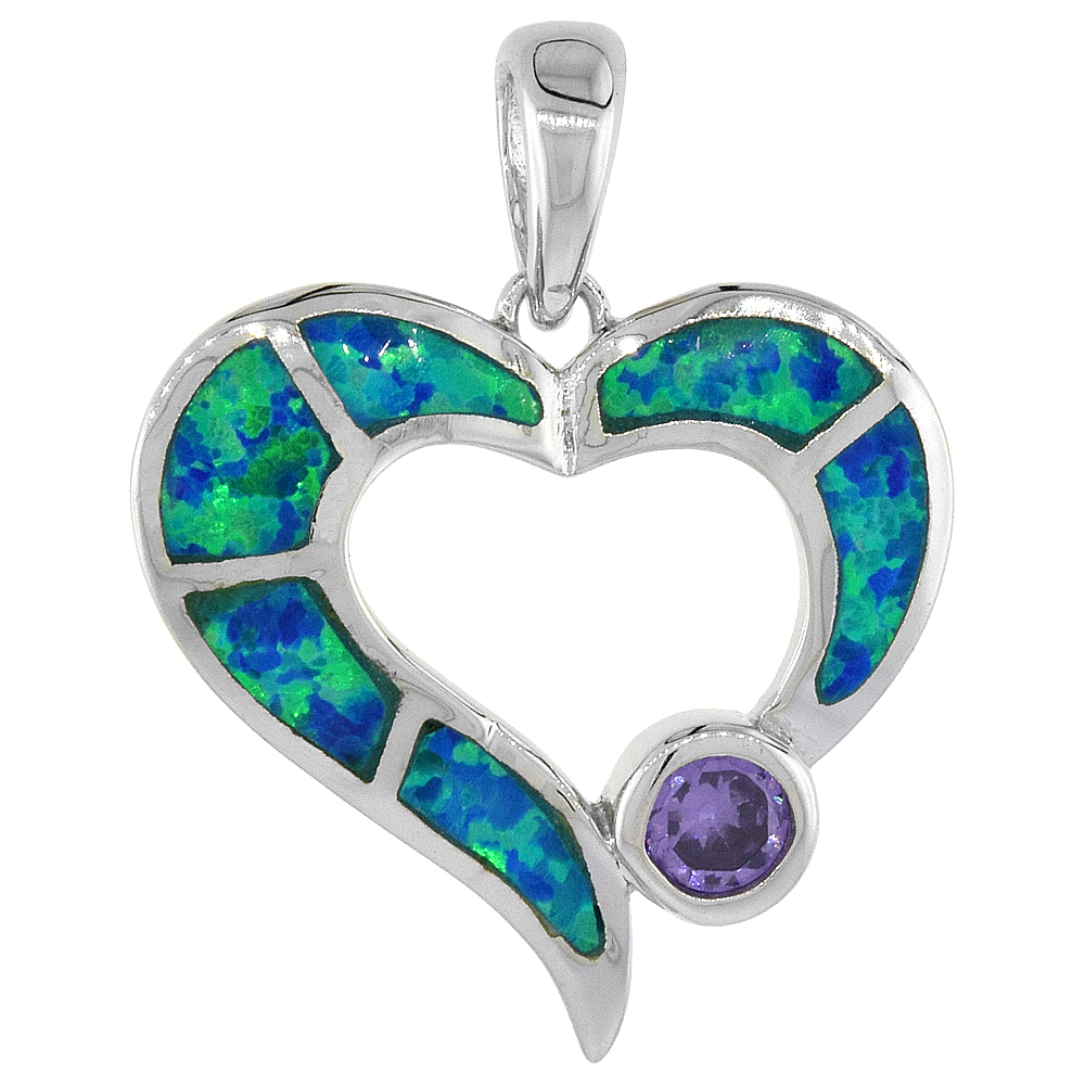 Sterling Silver Synthetic Opal Open Heart Pendant for Women Hand Inlay Amethyst CZ 4 mm 3/4 inch