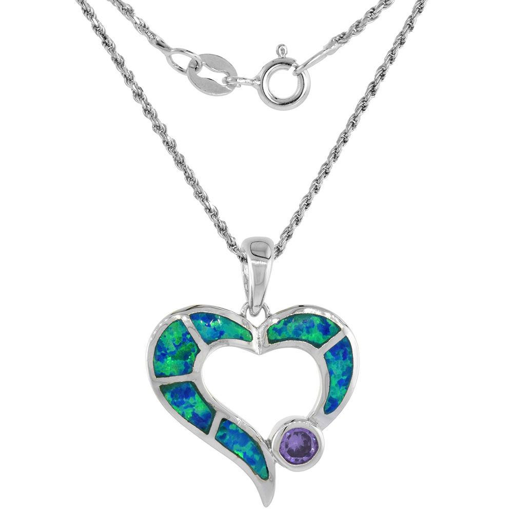 Sterling Silver Synthetic Opal Open Heart Necklace for Women Amethyst CZ 4 mm 3/4 inch