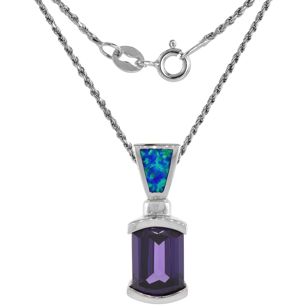 Sterling Silver Synthetic Opal Slide Necklace for Women Amethyst CZ 8x13mm Hand Inlay 7/8 inch