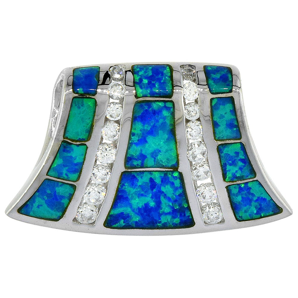 Sterling Silver Synthetic Opal Fan Pendant for Women CZ Accent Hand Inlay 1 inch