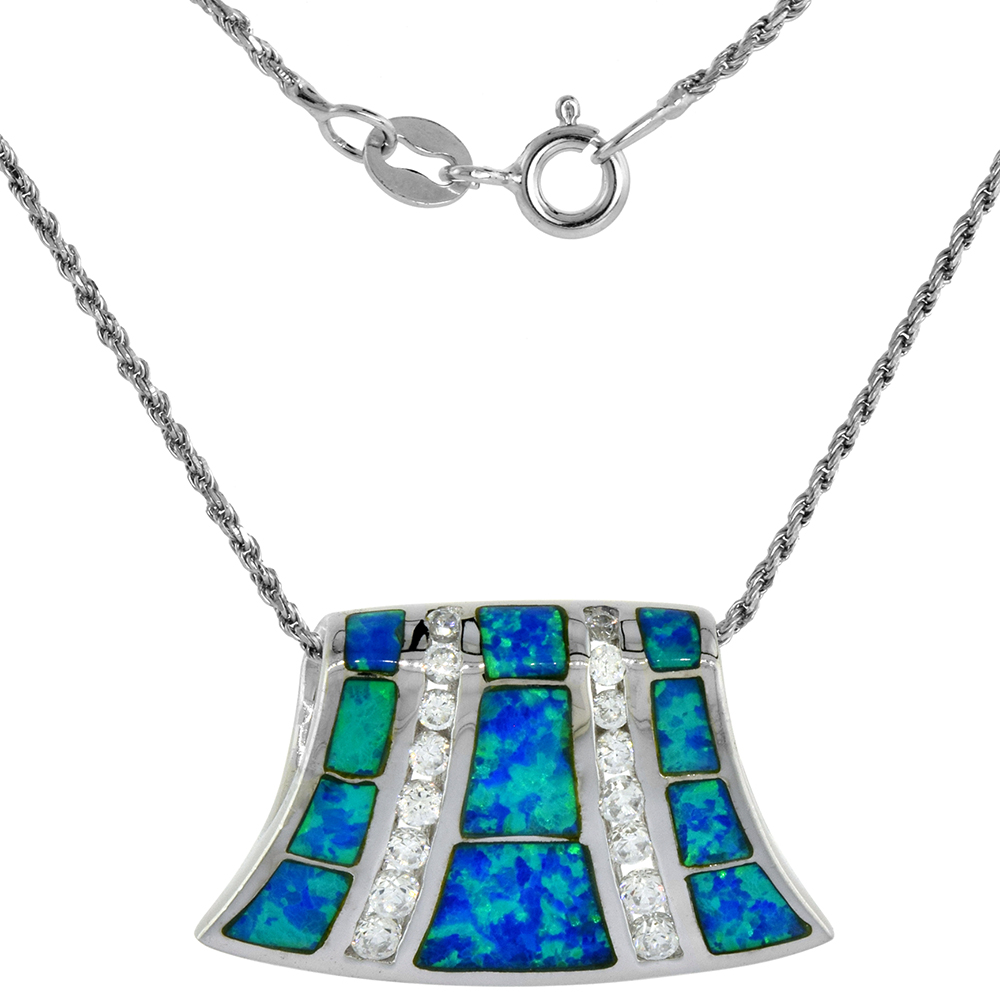 Sterling Silver Synthetic Opal Fan Necklace for Women CZ Accent Hand Inlay 1 inch