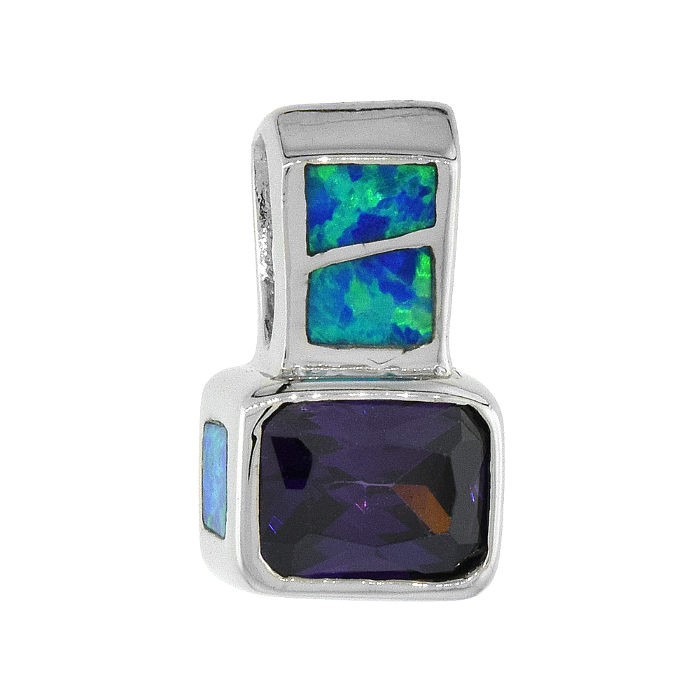 Sterling Silver Synthetic Opal Octagon Pendant for Women Hand Inlay Amethyst CZ 9x7 mm 5/8 inch