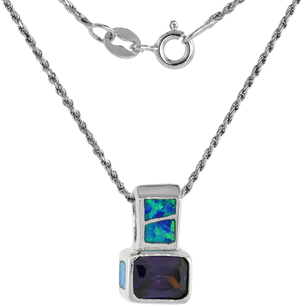 Sterling Silver Synthetic Opal Octagon Necklace for Women Amethyst CZ 9x7 mm 5/8 inch