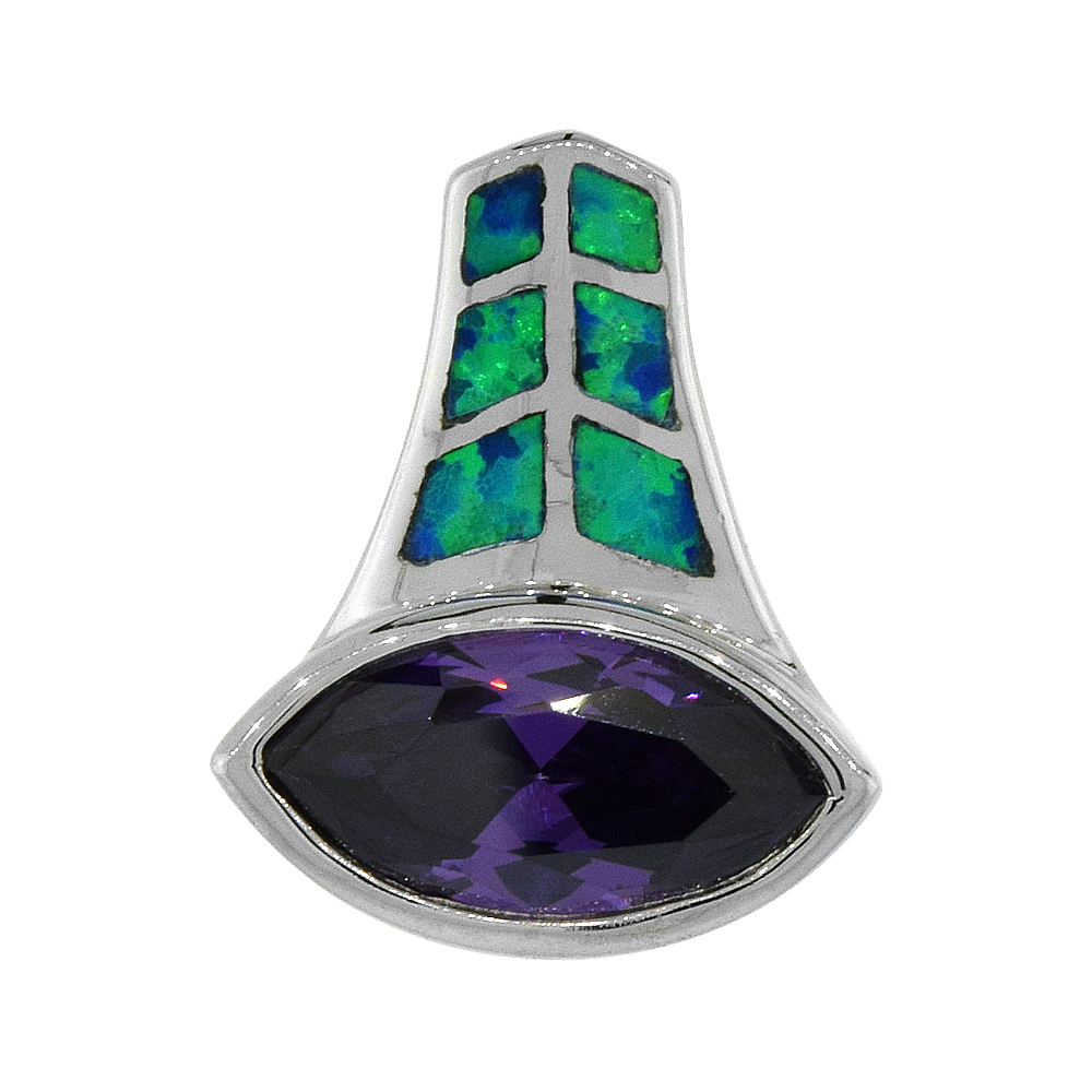 Sterling Silver Synthetic Opal Marquise Cut Pendant for Women Hand Inlay Amethyst CZ 12x7 mm 3/4 inch
