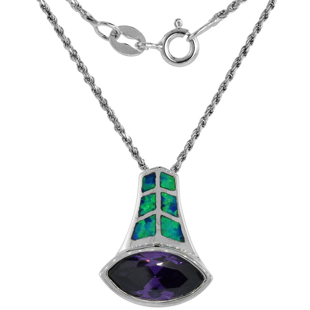 Sterling Silver Synthetic Opal Marquise Cut Necklace for Women Amethyst CZ 12x7 mm 3/4 inch Rope Chain