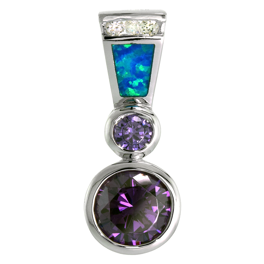 Sterling Silver Synthetic Opal Drop Pendant for Women Hand Inlay 11 mm Amethyst CZ Round 1 1/2 inch