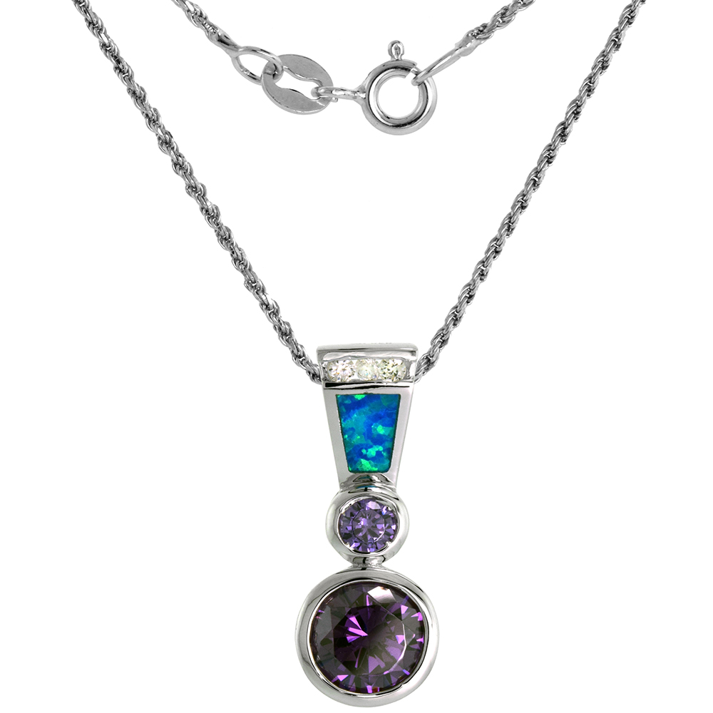 Sterling Silver Synthetic Opal Drop Necklace for Women 11 mm Amethyst CZ Round 1 1/2 inch