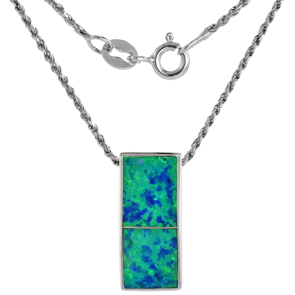 Sterling Silver Synthetic Opal Rectangular Necklace for Women 3/4 X 5/16 inch