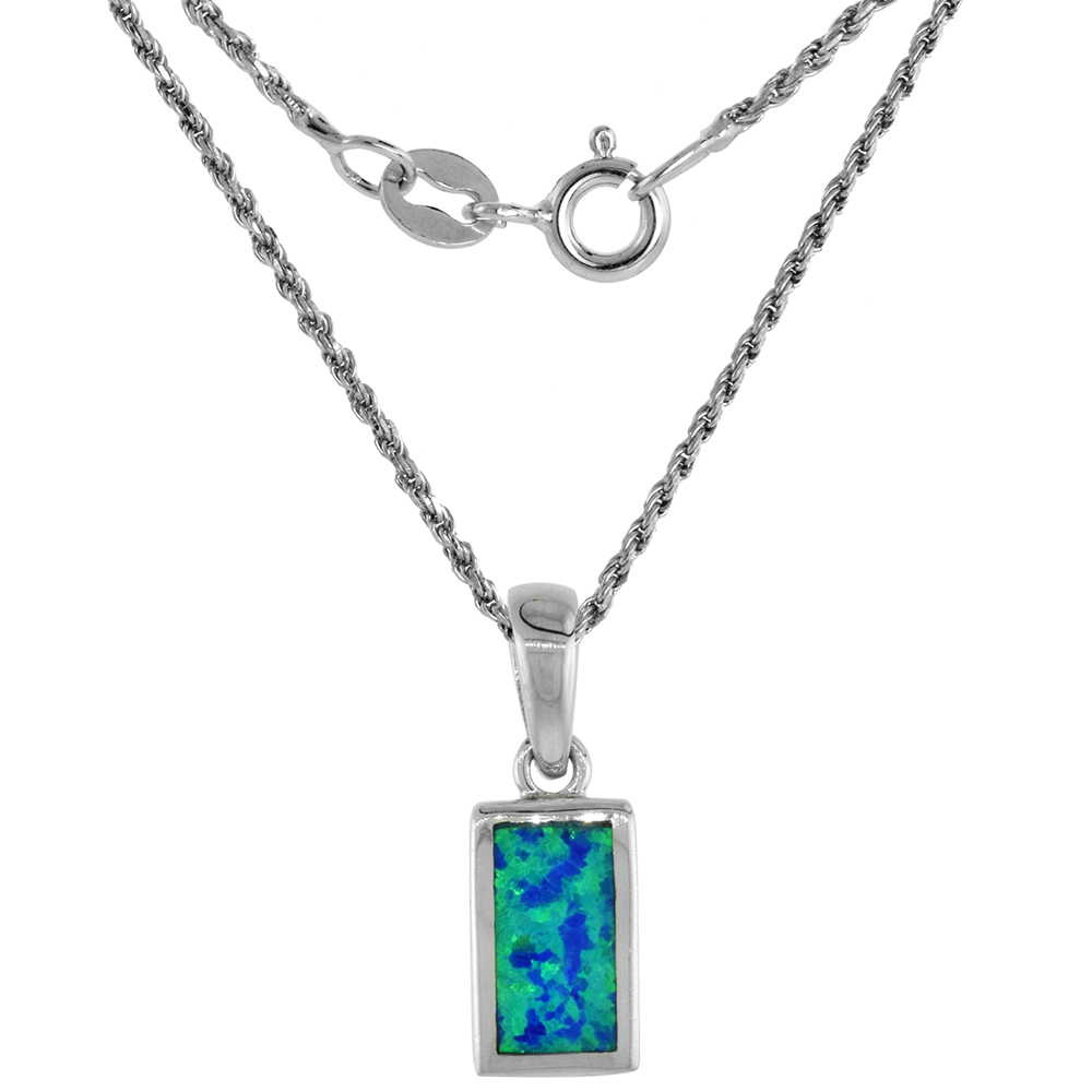 Sterling Silver Synthetic Opal Rectangular Necklace for Women 7/16 X 1/4 inch