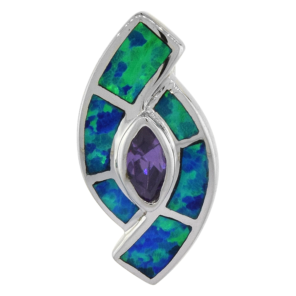 Sterling Silver Synthetic Opal Evil Eye Pendant for Women Hand Inlay Amethyst CZ Center 3/4 inch long