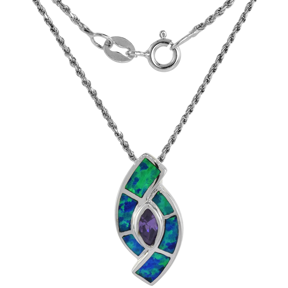 Sterling Silver Synthetic Opal Evil Eye Necklace for Women Hand Inlay Amethyst CZ Center 3/4 inch