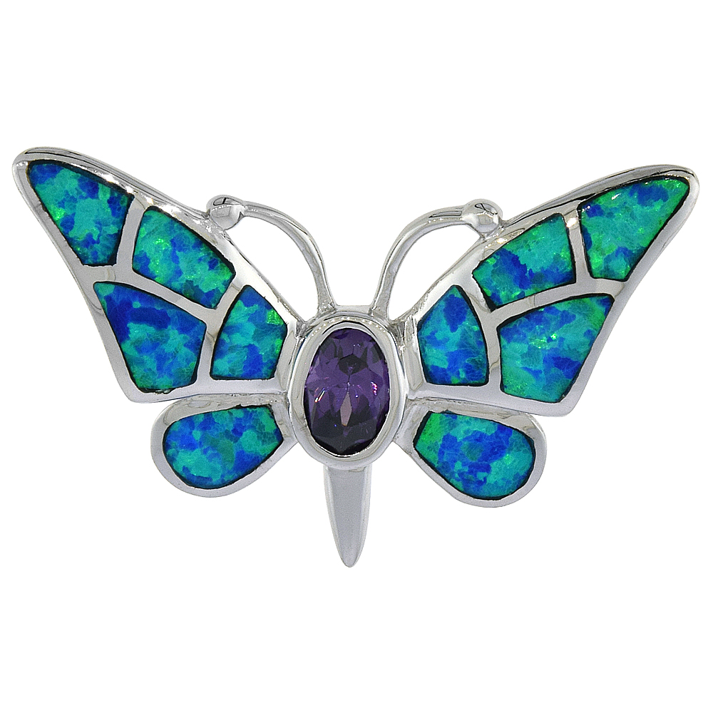 Sterling Silver Synthetic Opal Butterfly Pendant for Women Hand Inlay Amethyst CZ Center 1 1/4 inch wide