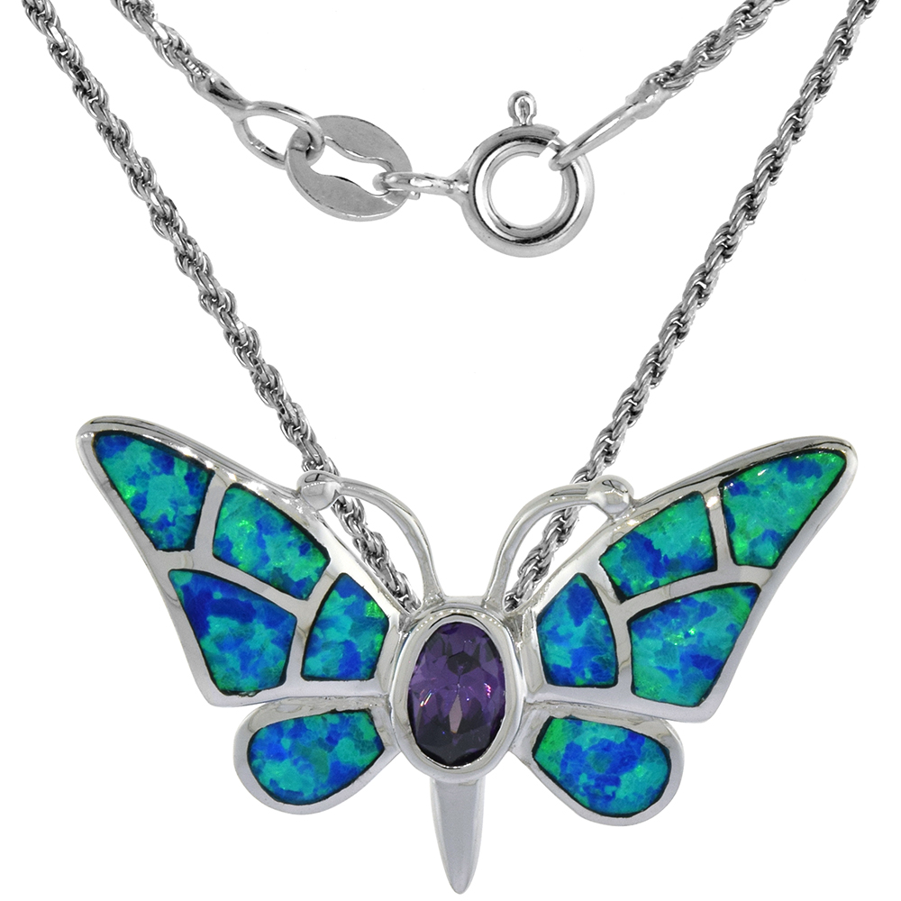 Sterling Silver Synthetic Opal Butterfly Necklace for Women Amethyst CZ Center 1 1/4 inch